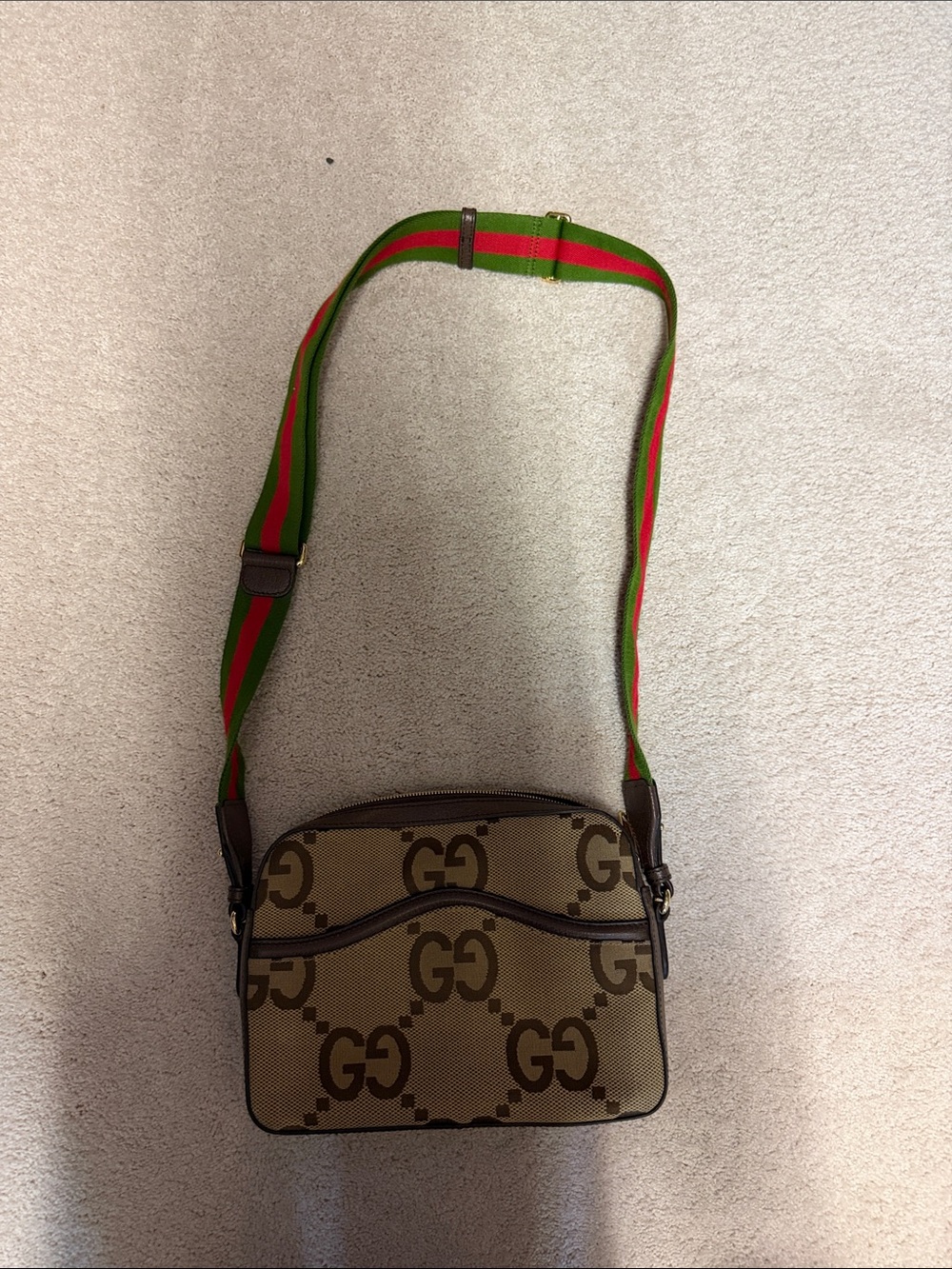 Gucci Brown GG Canvas Crossbody with Green and Red Web Strap